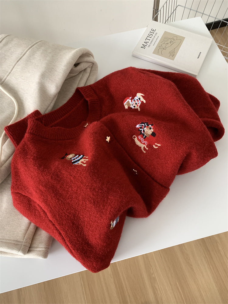 Women's Retro Embroidery Red Puppy Knitted Sweater