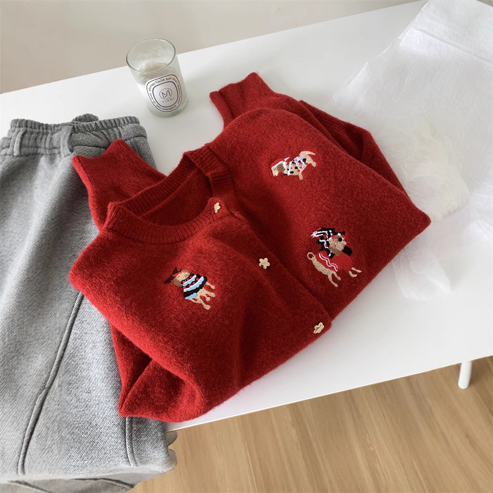 Women's Retro Embroidery Red Puppy Knitted Sweater