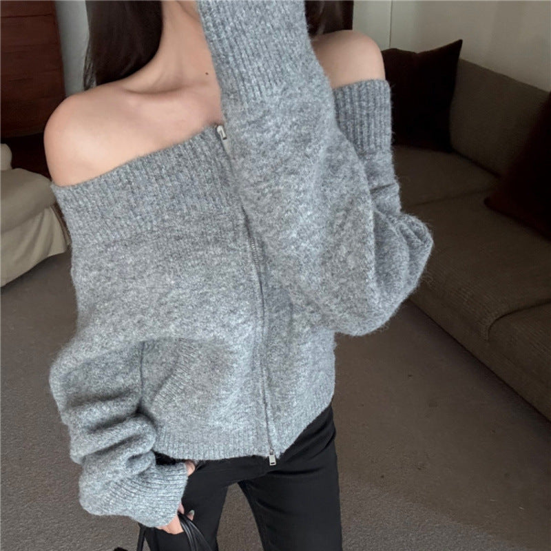 Women's Solid Color Retro Zipper Knitted Cardigan Off-shoulder Sweater