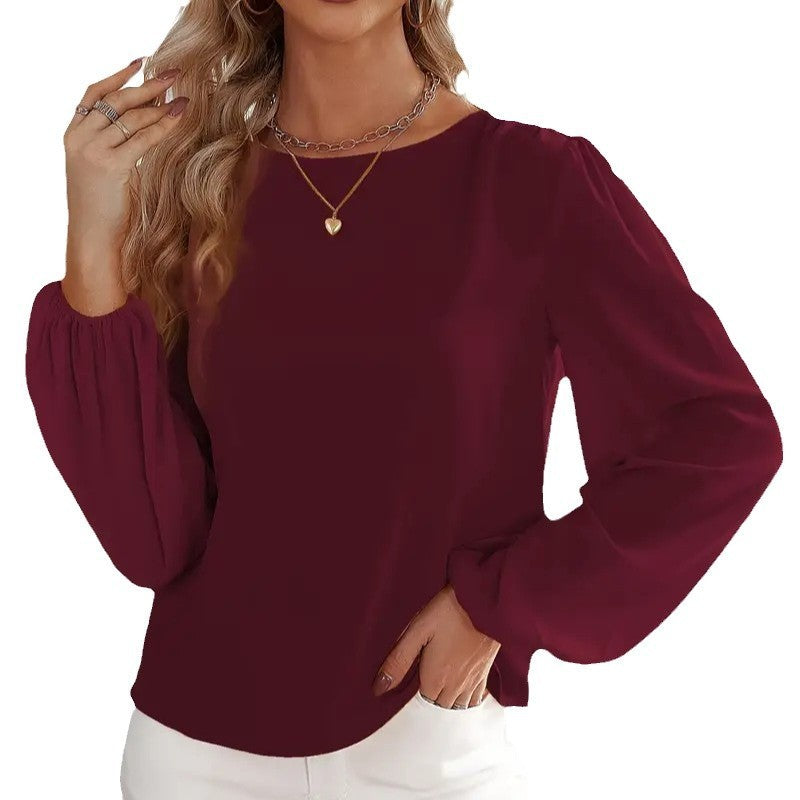 Solid Color Round Neck Long Sleeve Top