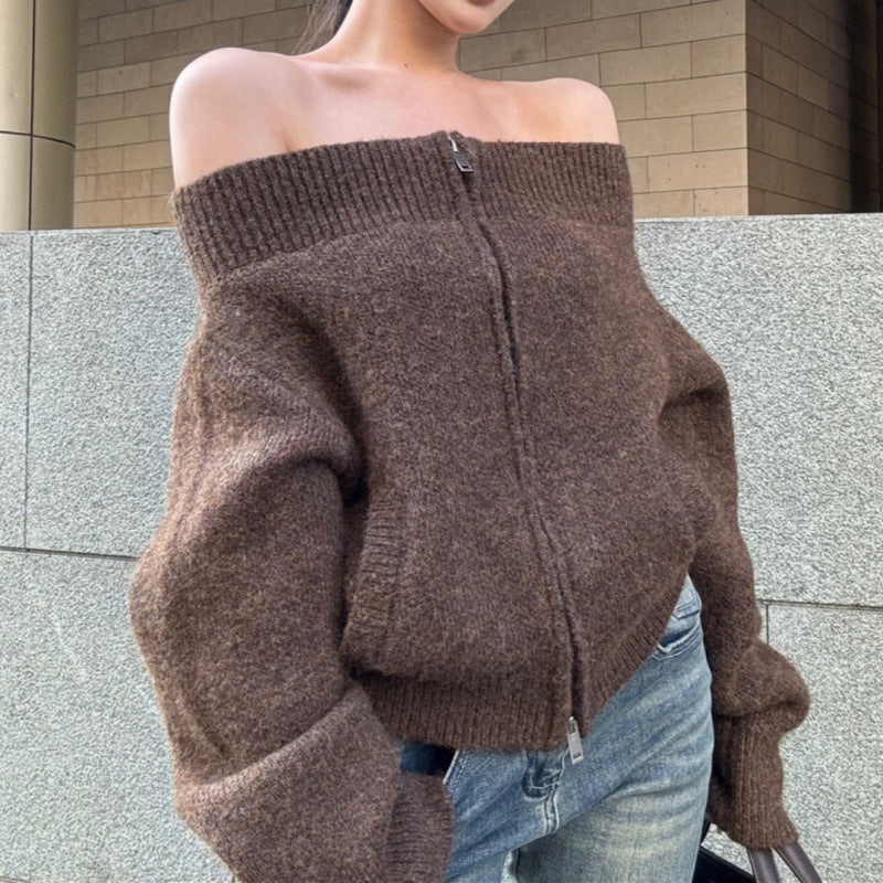 Women's Solid Color Retro Zipper Knitted Cardigan Off-shoulder Sweater
