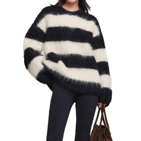 Women's Casual Round Neck Striped Artificial Mink Fur Sweater