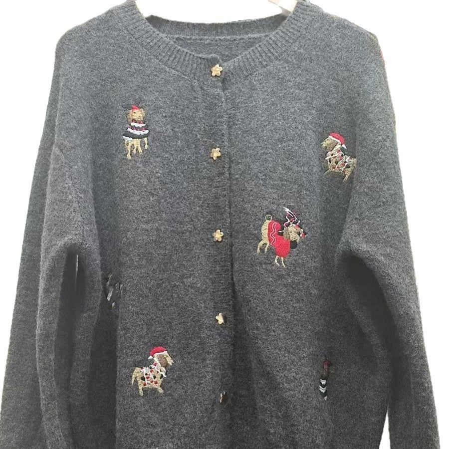 Women's Retro Embroidery Red Puppy Knitted Sweater