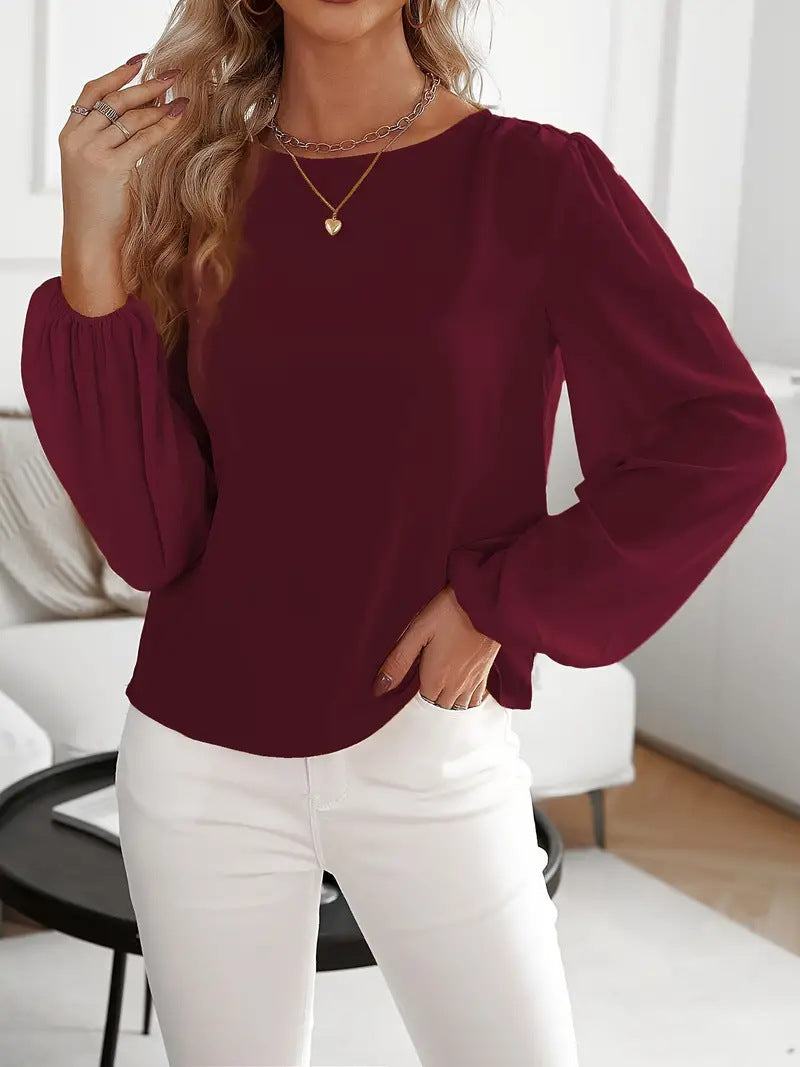 Solid Color Round Neck Long Sleeve Top