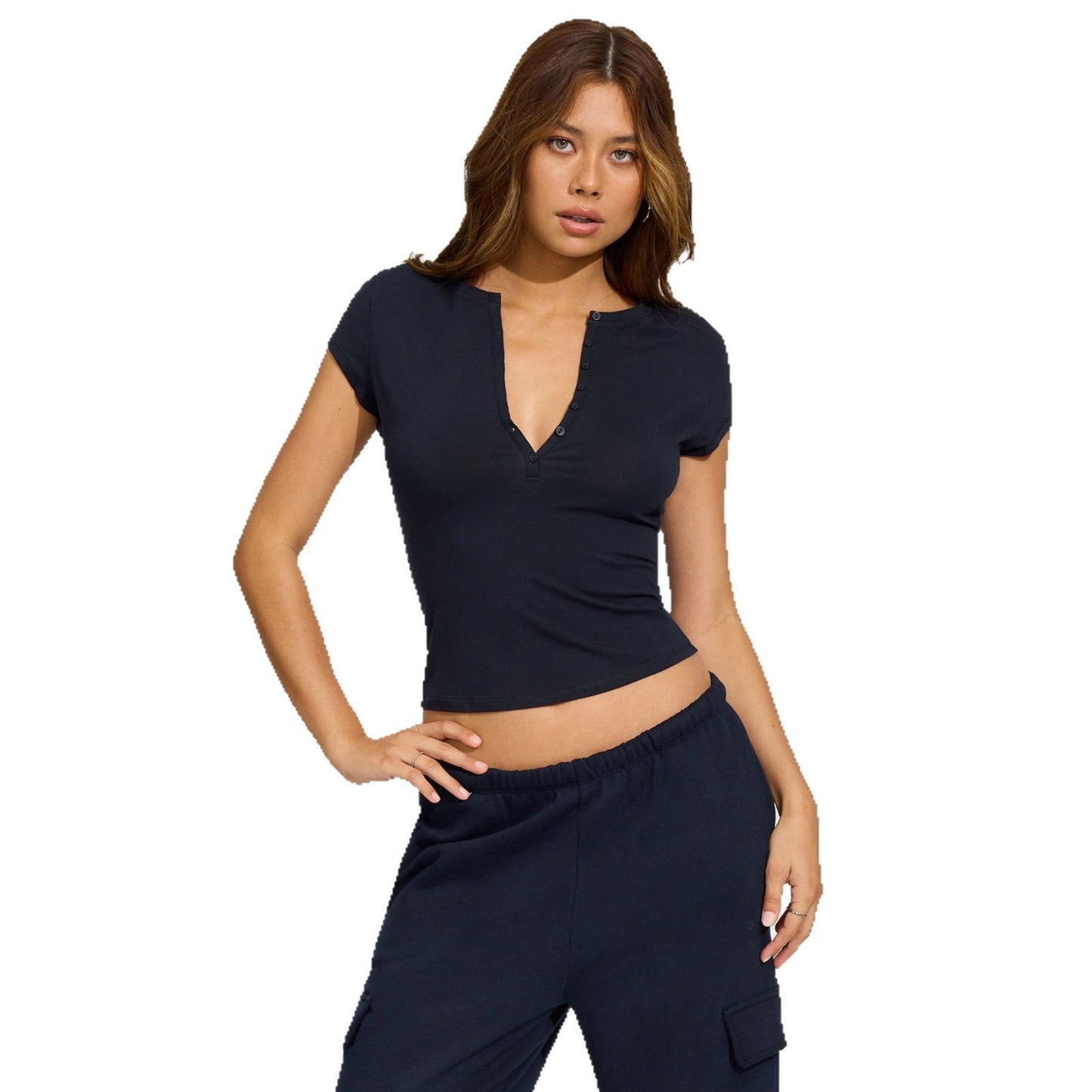 Solid Color Slim-fit Deep V Button Versatile Top
