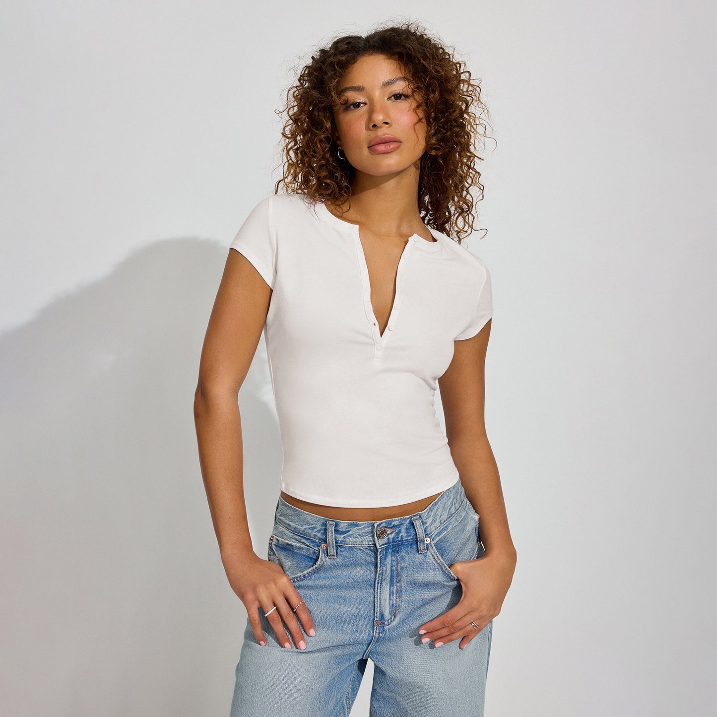 Solid Color Slim-fit Deep V Button Versatile Top