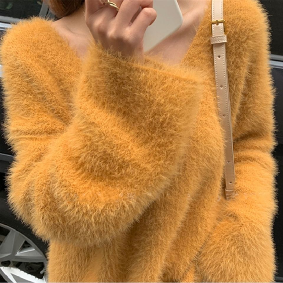 Women's Pure Color All-matching V-neck Off-shoulder Pullover