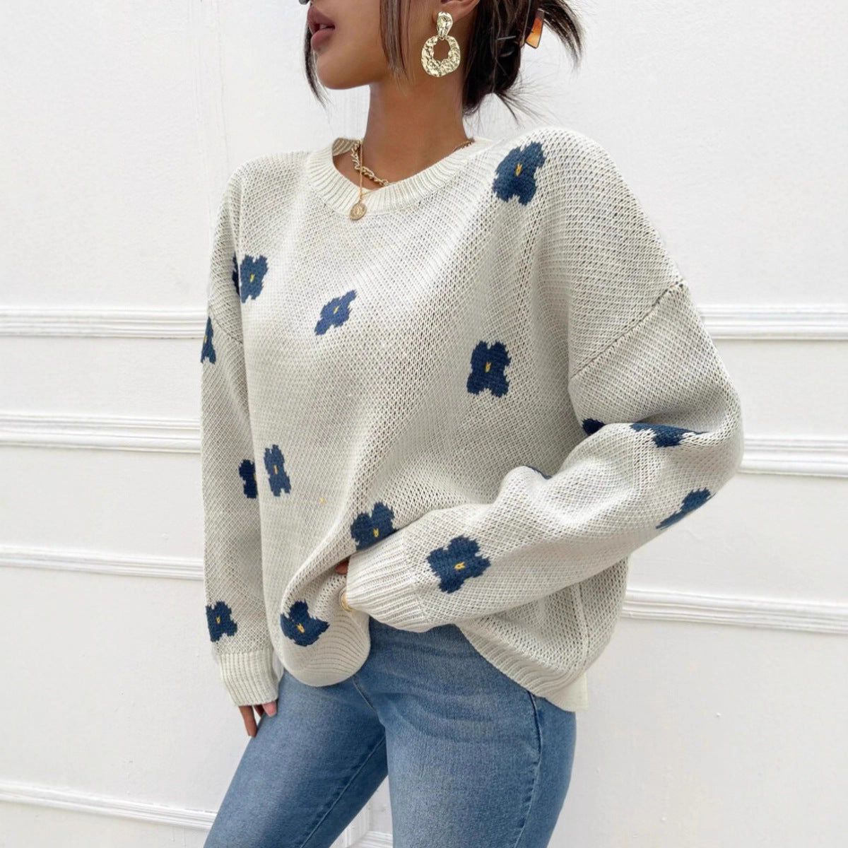 New Loose Round Neck Pullover Brocade Sweater