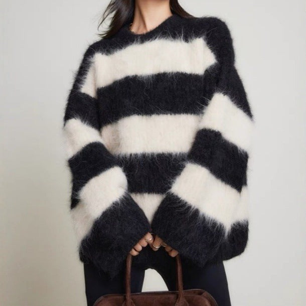 Women's Casual Round Neck Striped Artificial Mink Fur Sweater