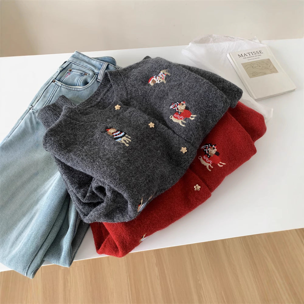 Women's Retro Embroidery Red Puppy Knitted Sweater