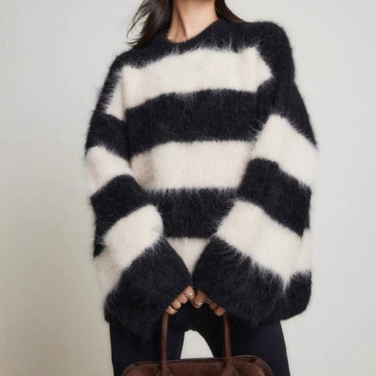 Women's Casual Round Neck Striped Artificial Mink Fur Sweater