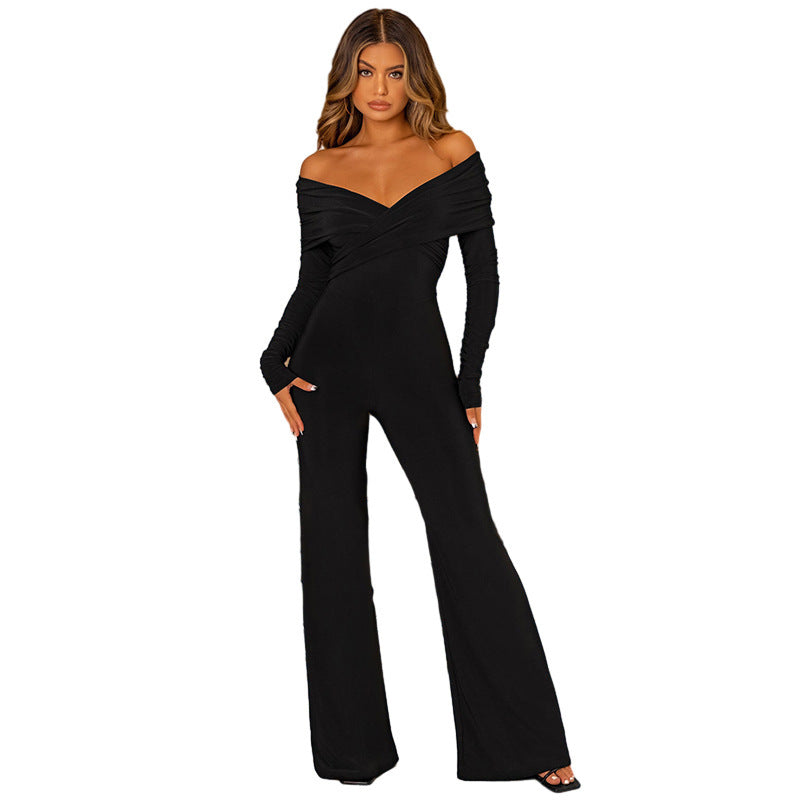 Women'sFashion Solid Color And V-neck Chest Cross Long Sleeves Jumpsuit