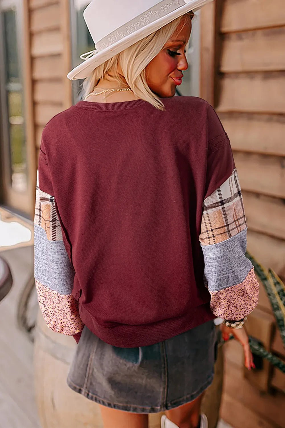 Women's Casual Patchwork Printed Sleeve Pullover Sweater