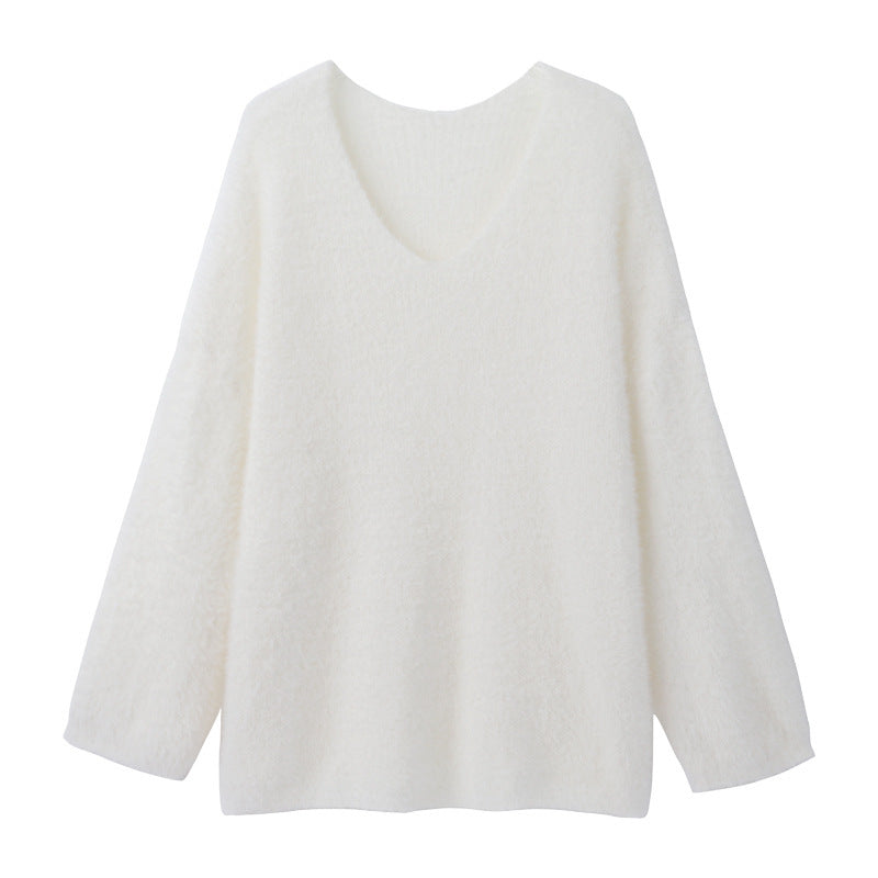Women's Pure Color All-matching V-neck Off-shoulder Pullover