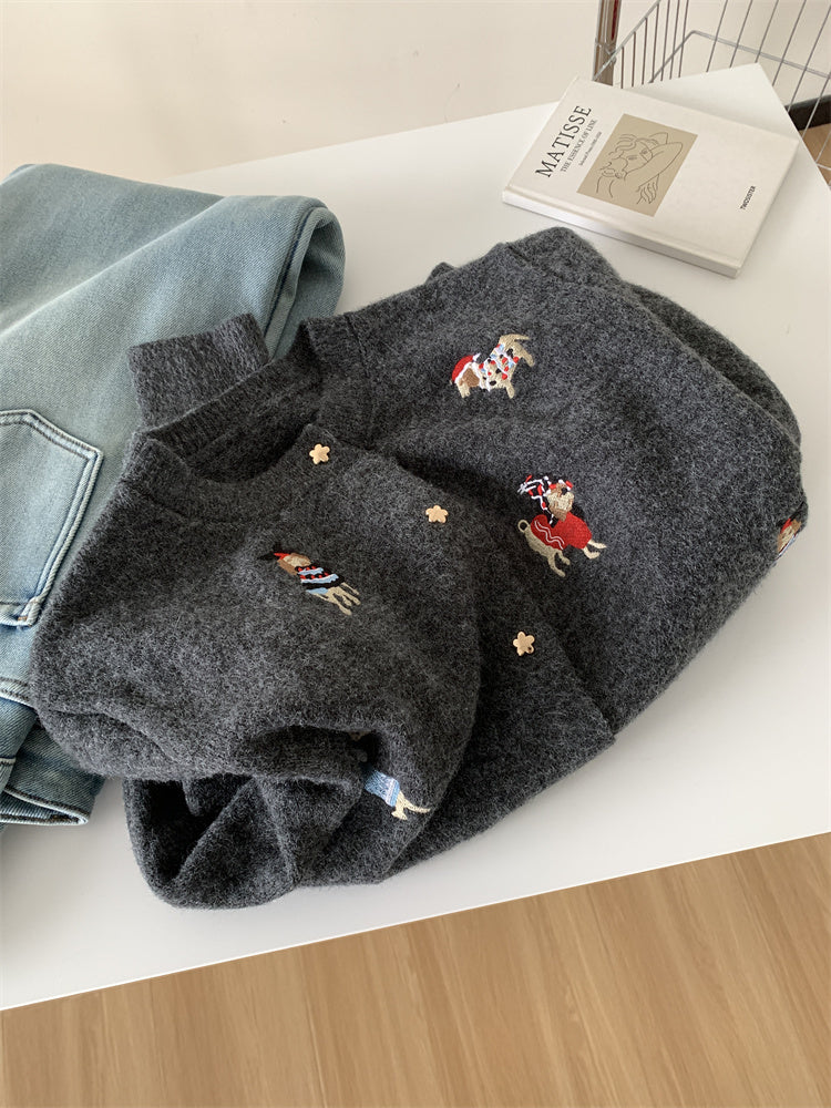 Women's Retro Embroidery Red Puppy Knitted Sweater