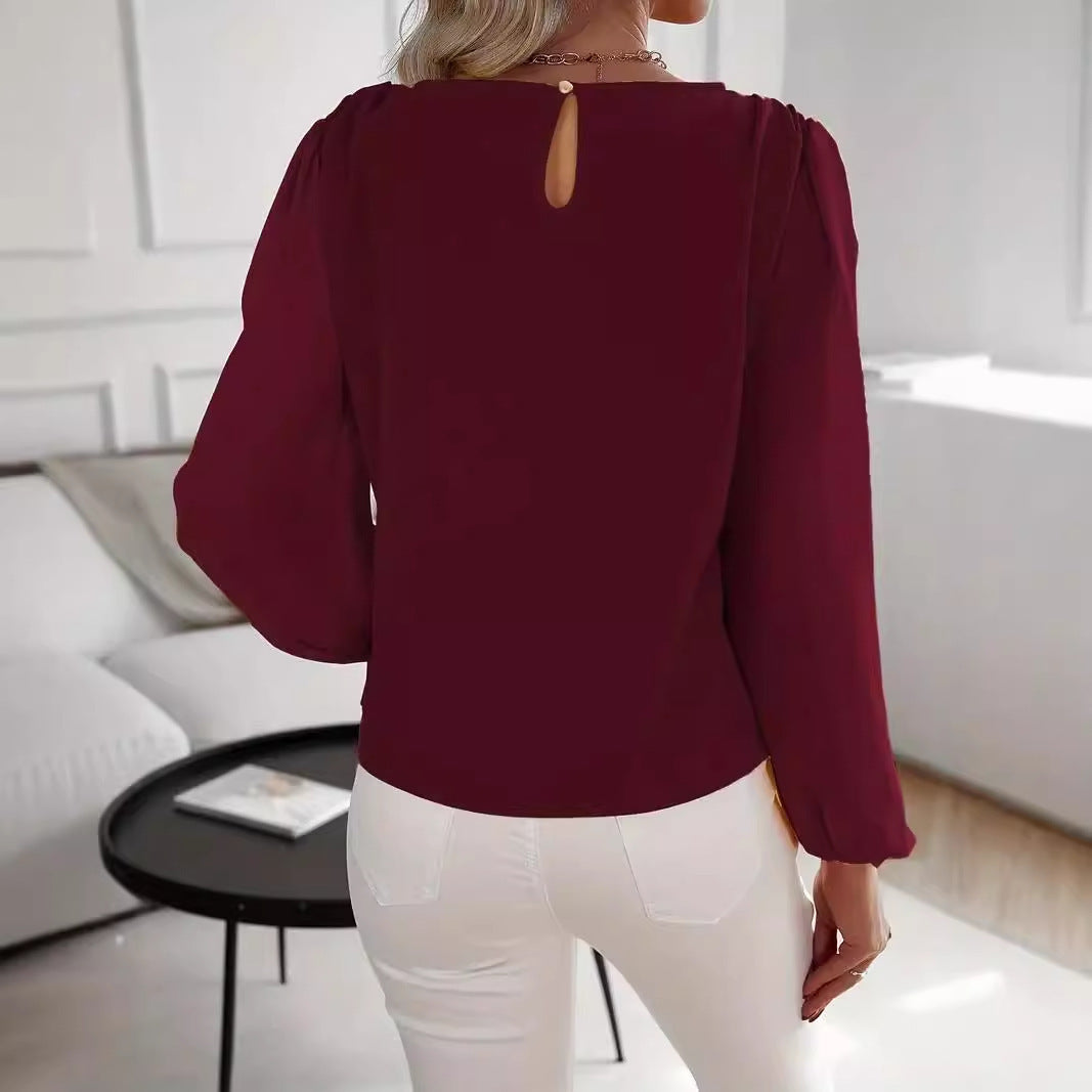 Solid Color Round Neck Long Sleeve Top