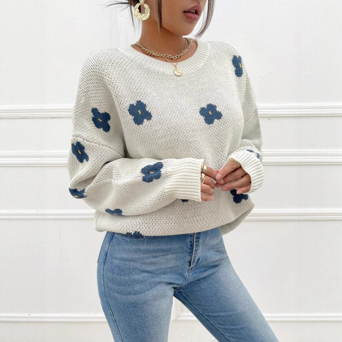 New Loose Round Neck Pullover Brocade Sweater