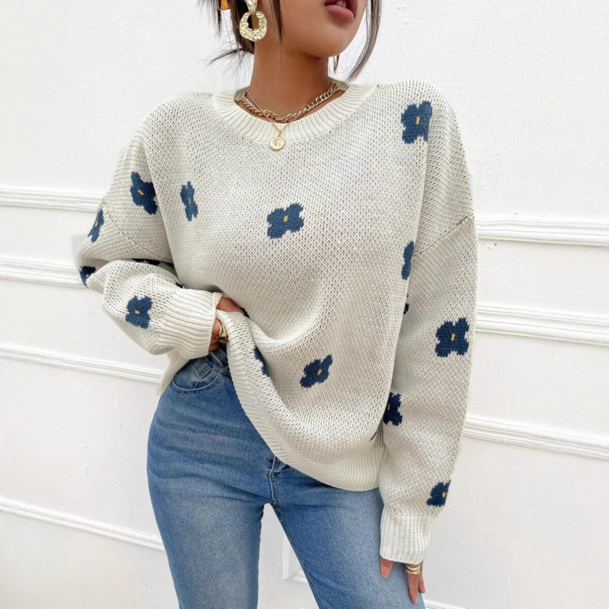 New Loose Round Neck Pullover Brocade Sweater