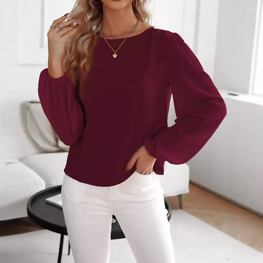 Solid Color Round Neck Long Sleeve Top
