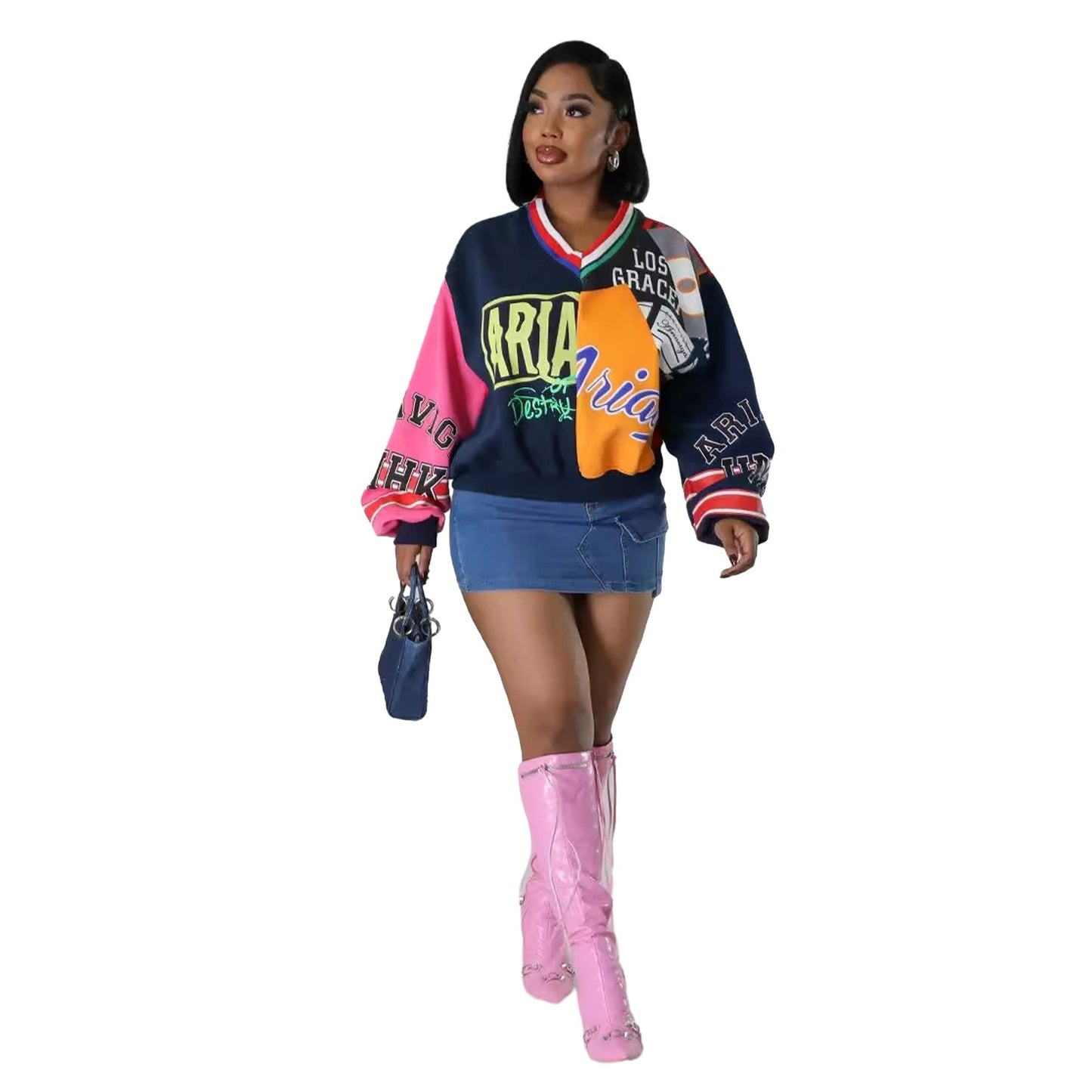 Women's Casual Fashion Stitching Contrast Color Letter Printing Loose V-neck Sweatshirt