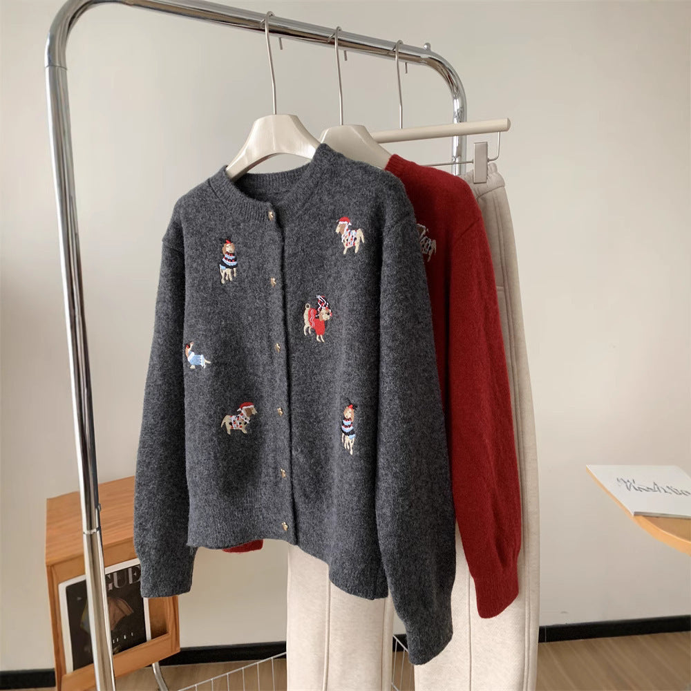 Women's Retro Embroidery Red Puppy Knitted Sweater