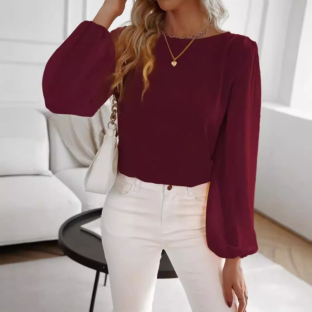 Solid Color Round Neck Long Sleeve Top