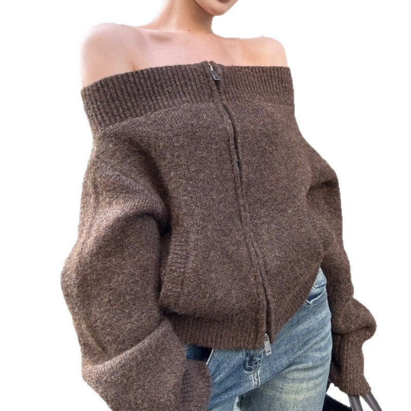 Women's Solid Color Retro Zipper Knitted Cardigan Off-shoulder Sweater