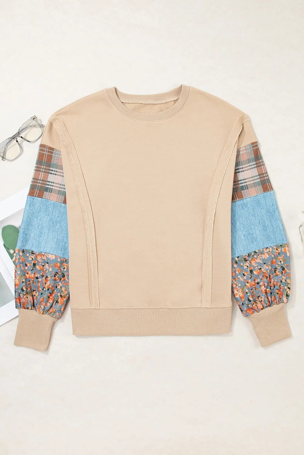 Women's Casual Patchwork Printed Sleeve Pullover Sweater