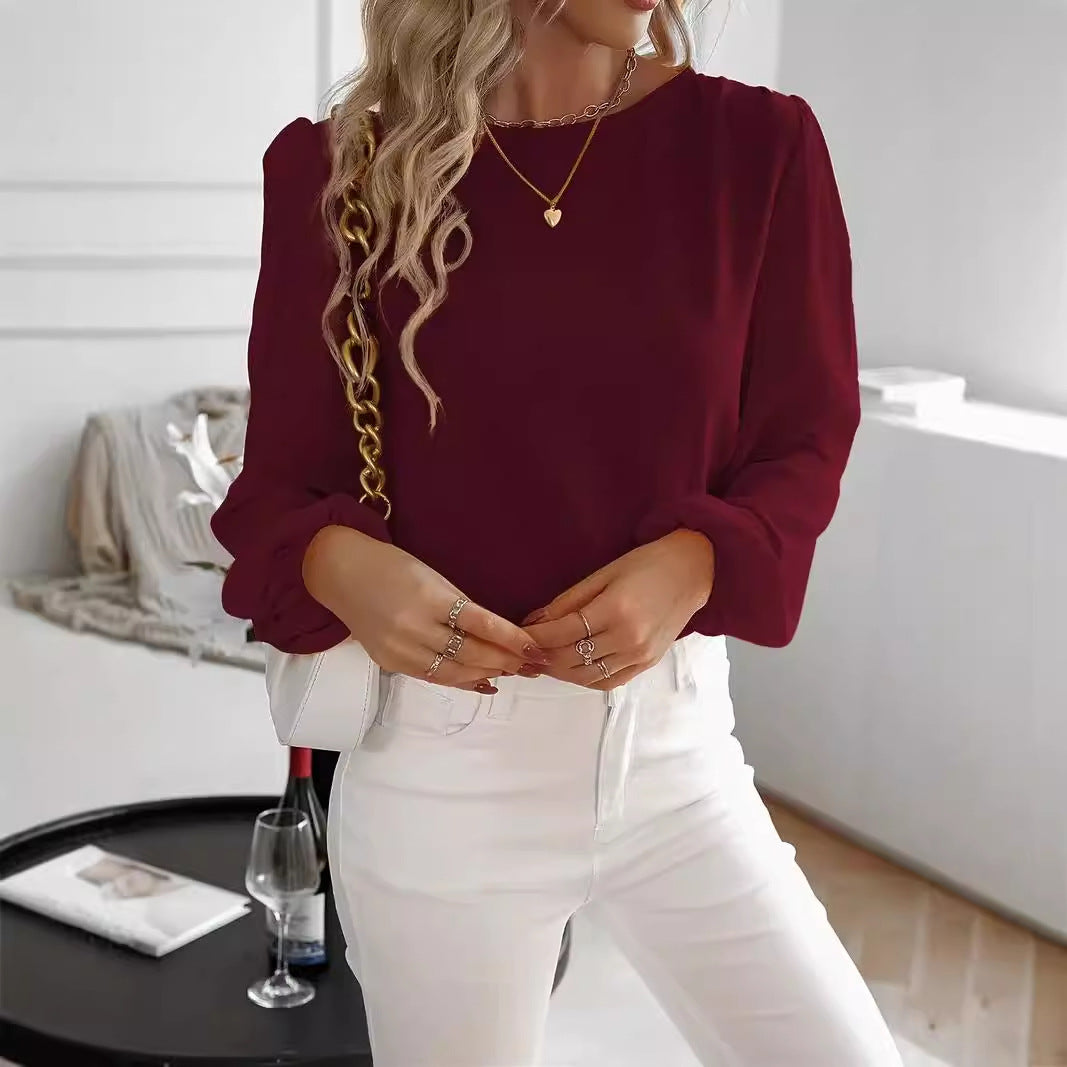 Solid Color Round Neck Long Sleeve Top