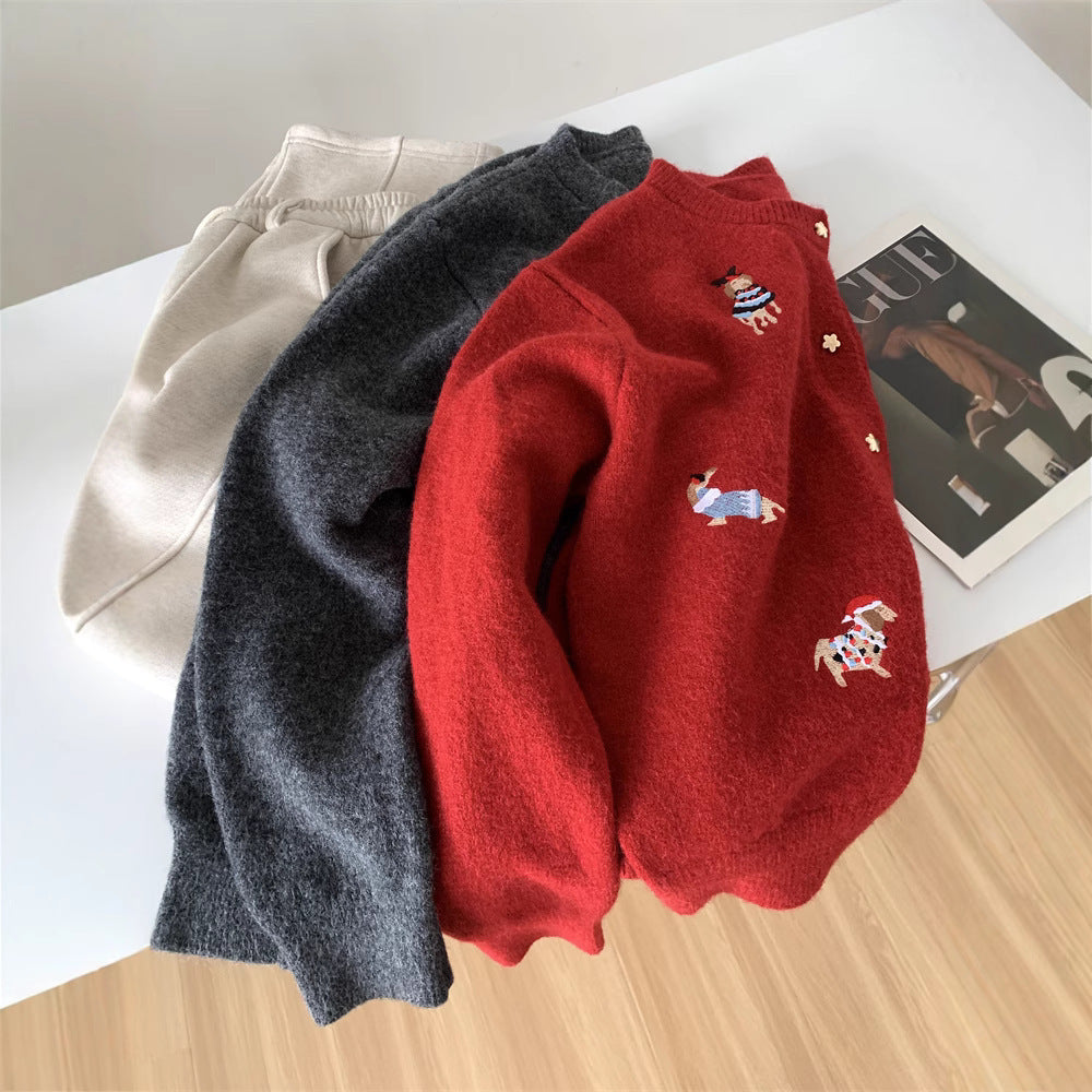 Women's Retro Embroidery Red Puppy Knitted Sweater