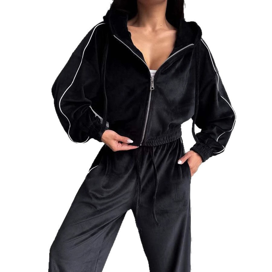 Women's Casual Velvet Hooded Cardigan Coat Wide-leg Pants Sports Suit